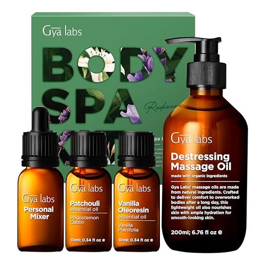 Gya Labs body spa kit (set di 4) - profumi naturali di vaniglia, patchouli e olio da massaggio antistress per la terapia del massaggio - set di oli essenziali home spa potenzia il tuo corpo rilassante