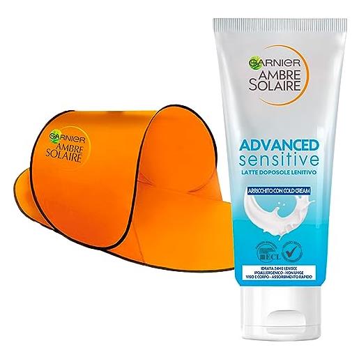 Garnier ambre solaire latte doposole advanced sensitive lenitivo idratante con cold cream per pelli sensibile azione rinfrescante ipoallergenico flacone da 200ml + tenda da spiaggia