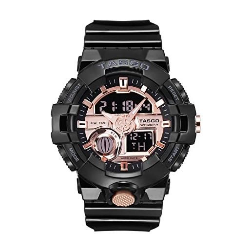TASGO orologi digitali da uomo, sport impermeabile militare orologio da polso per uomo, multifunzione al quarzo grande quadrante orologi da polso, nero e oro rosa. 