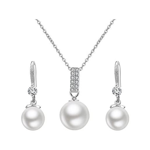 Skcess set di 3 pezzi, collana in argento per donne e orecchini in argento 925 con ciondolo a forma di cuore, gioielli in argento da donna, 40+5cm, perla perla zirconi, perla