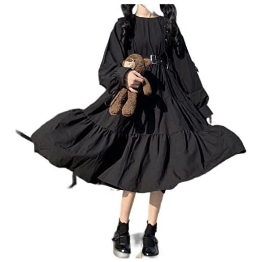 SHANHE gothic style dress women harajuku gothic lolita kawaii dress punk cute long sleeve black midi dress-long sleeve, m