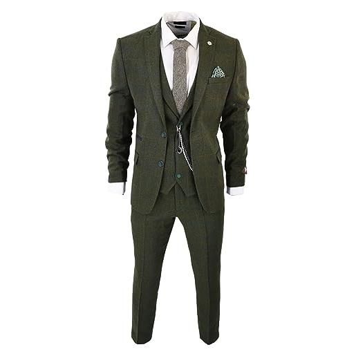 TruClothing.com abito oliva da uomo 3 pezzi tweed a scacchi blu marrone stile formale gatsby anni '20 - verde oliva 60