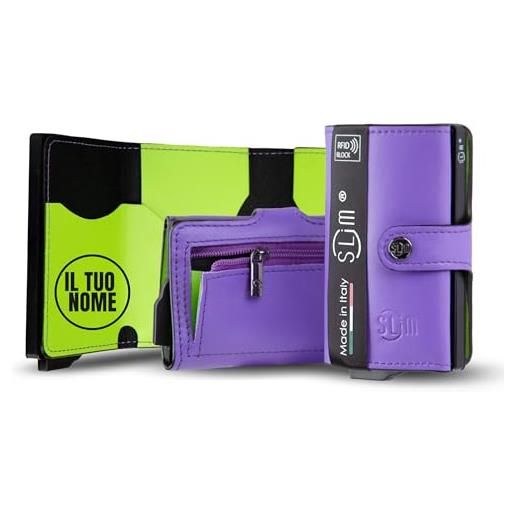 SLim portafoglio personalizzabile porta carte di credito schermato portacarte anticlonazione uomo donna personalizzabile (viola e lime zip)