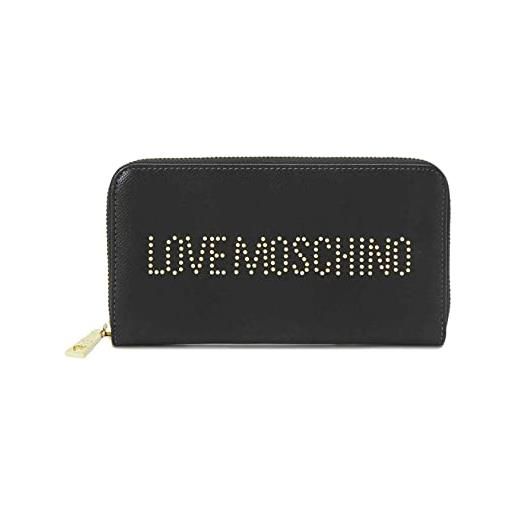 Love Moschino portafoglio nero con logo lettering in borchie dorate nella parte anteriore. Portafoglio interno con due scomparti per le banconote, vari scomparti per le tessere e uno per