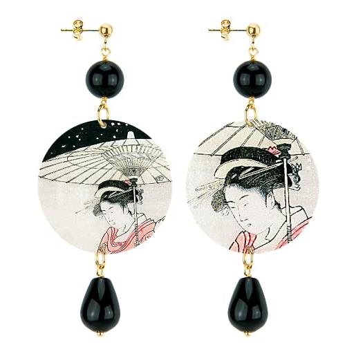 In lebole collezione the circle geisha e ombrellino nero orecchini da donna in ottone pietra nero