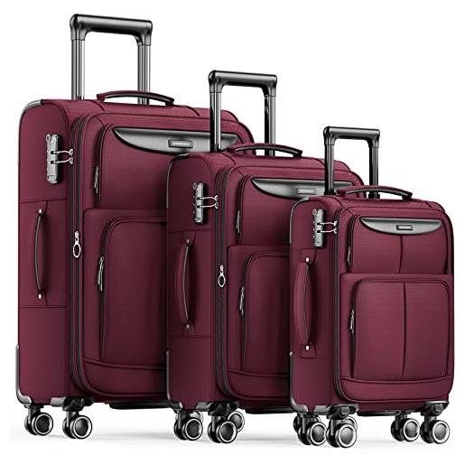 SHOWKOO set valige morbide 3 pezzi espandibile cabina valigia da viaggio trolley di stoffa leggero ultra durevole con lucchetto tsa e 4 ruote doppie (m-l-xl, rosso)