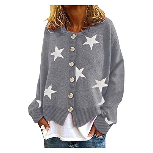 Generic 2022- maglione moda caldo da donna cardigan stampa stella manica lunga o-collo maglione con bottoni ritagliati top cardigan francese donna, grigio, l