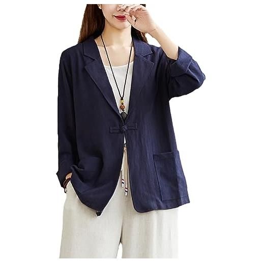 HanzhuoLG giacca di lino in cotone a tinta unita da donna alla moda cinese stile disco bottone abito colletto manica lunga cappotto sottile blu marino s