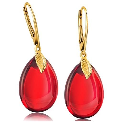 Amber by Mazukna - orecchini in ambra rossa - eleganti gioielli in ambra da appendere con raccordo dorato per donna, orecchini a goccia in ambra, gioielli da donna, 43 x 15 mm, 5,5 g, argento gemma