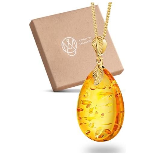 Amber by Mazukna, ciondolo baltic amber da donna, goccia di ambra luccicante con bottoni, argento sterling placcato oro ag925 da 18 pollici, argento sterling, ambra