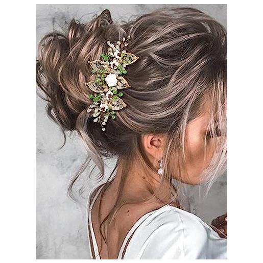 Ushiny cerchietto per capelli da sposa con fiori dorati, con strass, accessorio per capelli da ballo per donne e ragazze