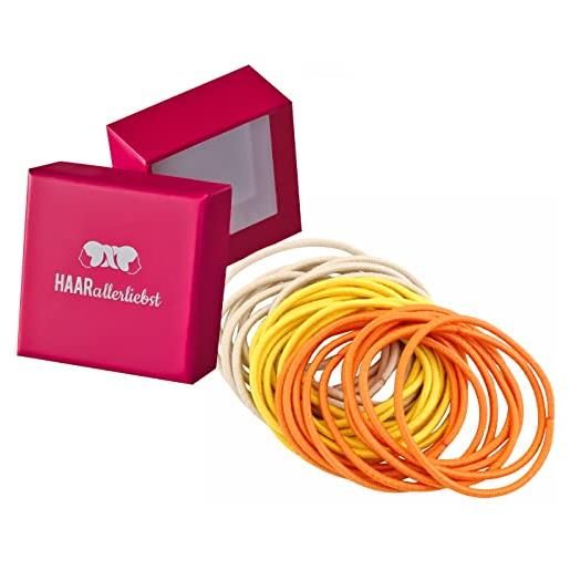 HAARallerliebst elastici per capelli extra sottili (30 pezzi, beige, giallo, arancione, 4,5 cm), con scatola per la conservazione (colore scatola: rosa)