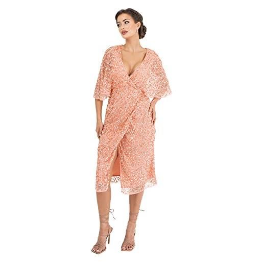 Maya Deluxe womens midi dress ladies sequin embellished cape sleeve wrap dress for wedding guest bridesmaid cocktail prom evening, vestito donna, apricot blush, 