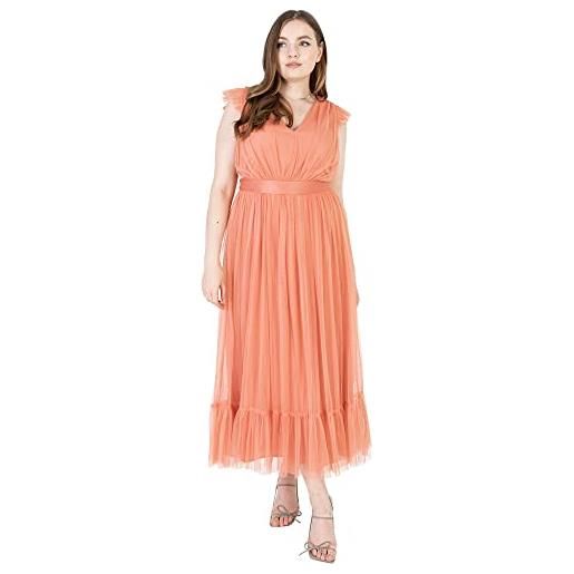 Anaya with Love ladies maxi dress for women v neckline sleeveless frilly for wedding guest bridesmaid prom long high empire waist tiered, vestito donna, coral pink, 