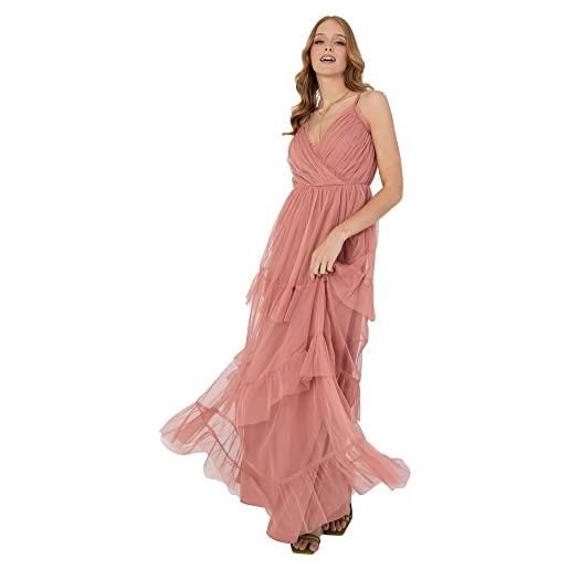 Anaya with Love ladies maxi cami dress for womens strappy tiered ruffle frilly faux v neckline long for bridesmaids wedding guest prom, vestito donna, pink, 