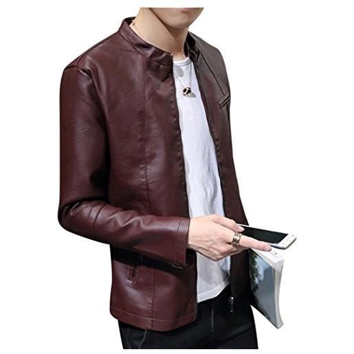 LaoZan uomo slim fit cappotti giacchetta basic biker giacche in pelle pu cappotto capispalla m vino rosso/inverno