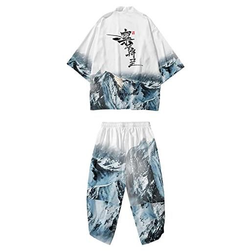 DOSLAVIDA giapponese kimono cardigan suit stile cinese stampato giacca pantaloni set aperto anteriore sette manica top & shorts, stile 1-bianco, small