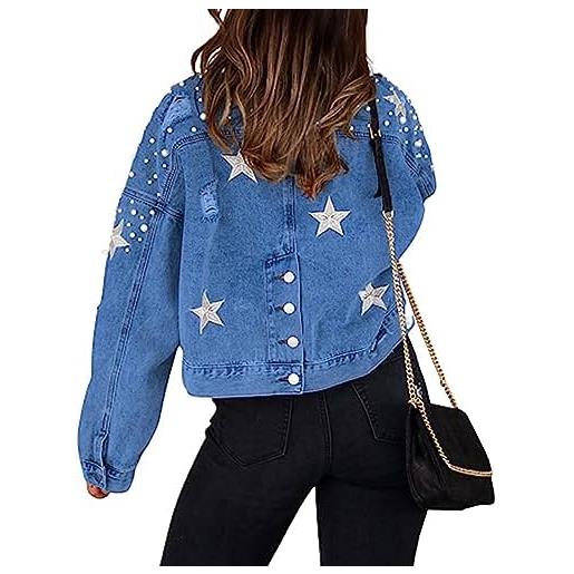 shownicer giacca di denim da donna casual giacca corta jeans elegante con tasche jacket moda cappotto per primavera autunno a blu xl