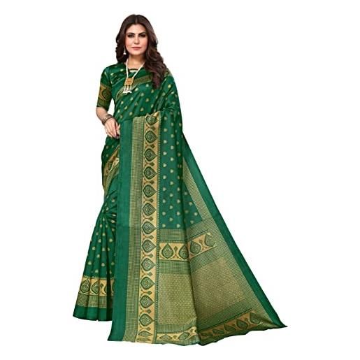 BishtHub Fashion abbigliamento etnico stampato in seta artistica da donna saree indiano con camicetta non cucita -(veena green)