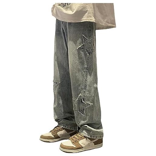 LIXQQS jeans da uomo in denim elasticizzato con gamba dritta, taglio classico, vestibilità regolare, toppa con stella e croce (color: black-1, size: l)