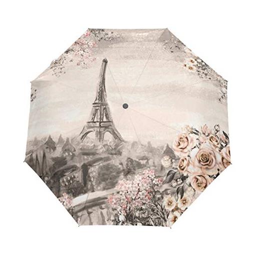 Mnsruu torre eiffel - ombrello pieghevole a forma di rosa, antivento, antipioggia, apertura automatica, da viaggio, protezione dai raggi uv, per donne e uomini
