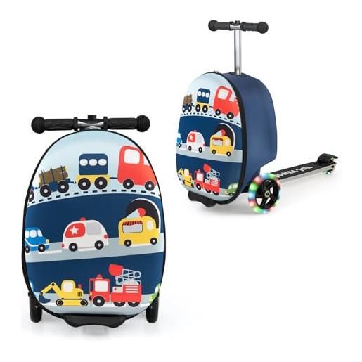 COSTWAY valigia monopattino pieghevole per bambini, valigia per bambini con ruote illuminate, motivo a fumetti, per viaggi, scuola, avventure all'aperto, per 5 anni+ (modello 8)