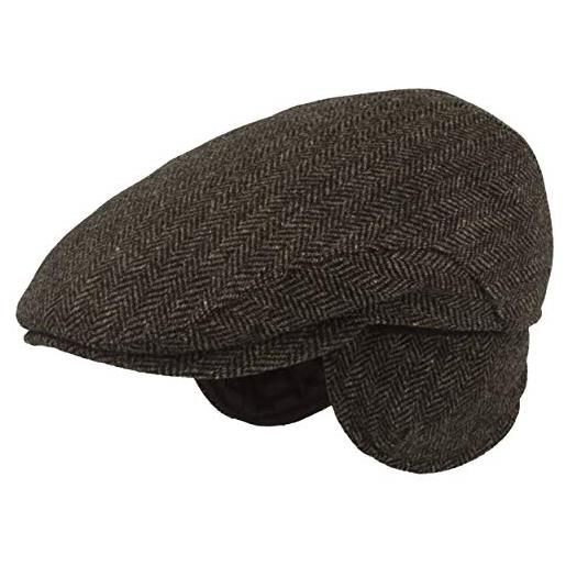 Hut Breiter breiter berretto invernale da uomo con paraorecchie, con visiera flatcap, 100% lana con paraorecchie pieghevole, delicato sulla pelle e confortevole, verde oliva a quadri, 58