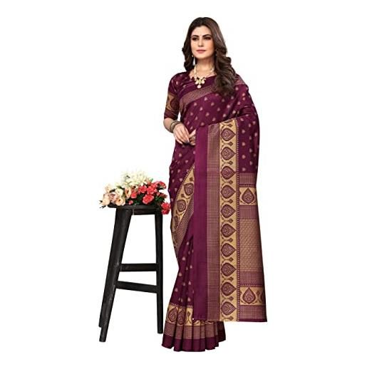 TreegoArt Fashion abbigliamento etnico stampato in seta artistica da donna saree indiano con camicetta non cucita -(veena purple)