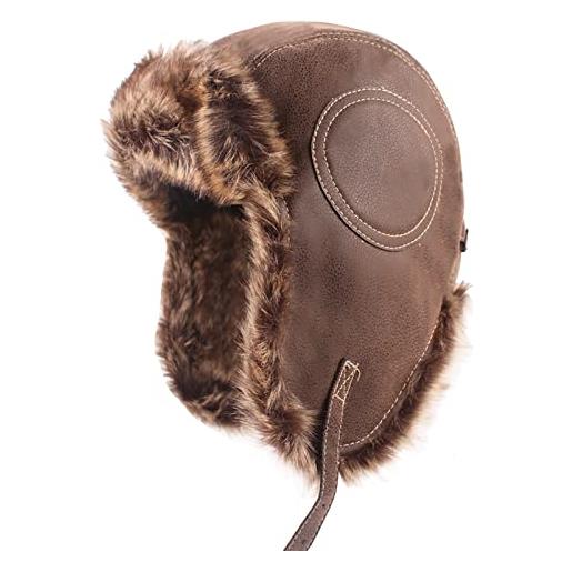 JowTreex cappello da aviatore unisex in finta pelle pilota berretto invernale cacciatore cappello da caccia foderato in pelliccia earflap berretto invernale con cinturino per il mento, marrone, 6.875
