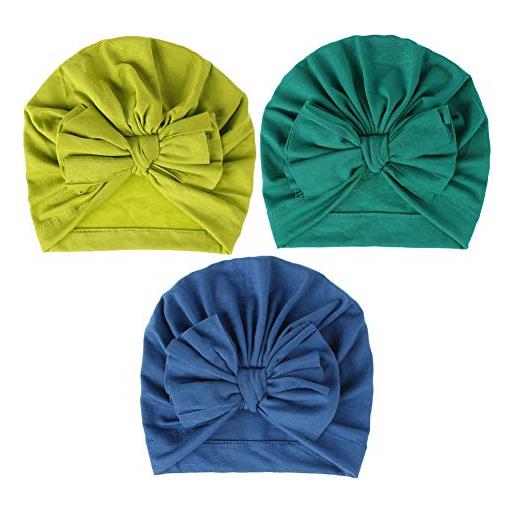 Camelliass 3 pz turbante cappelli per neonati ragazzi, cotone neonato cappello arco infantile capo turbante nodo del bambino cap per 0-3 anni bambino verde, verde scuro, blu taglia unica