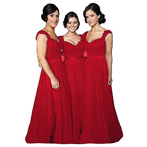 dinavian vestito da cerimonia nuziale della damigella d'onore della damigella d'onore del merletto di appliques lungo chiffon delle donne, rosso, 12