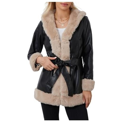 FeMereina giacca da donna in ecopelle cappotto parka corto con collo di pelliccia aperto sul davanti collo di peluche caldo cardigan con cintura capispalla, beige, l