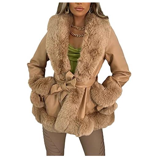 FeMereina giacca in ecopelle da donna cappotto parka corto con colletto in pelliccia aperto davanti in peluche collare caldo cardigan con cintura capispalla, marrone, l