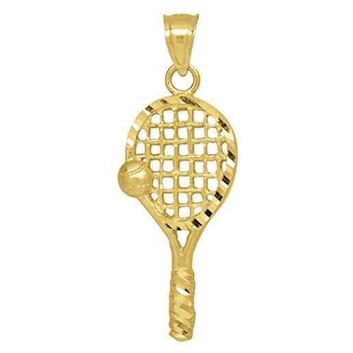 JewelryWeb ciondolo a forma di racchetta da tennis, unisex, in oro 10 carati, altezza 34,7 mm x larghezza 12,6 mm