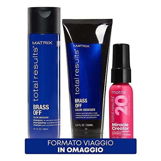 Matrix | shampoo 300ml + maschera 200ml + miracle creator spray 30ml, neutralizzante anti-arancio per capelli castani, con pigmenti blu, total results, brass off