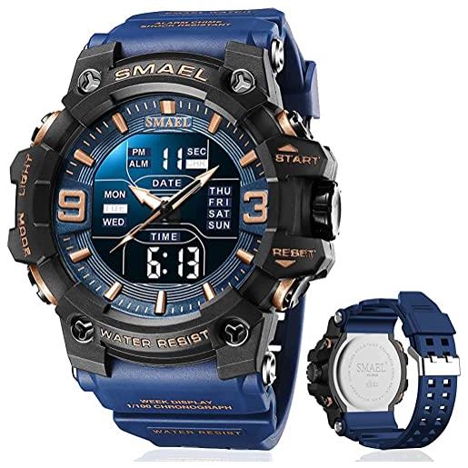 Fomtty orologio militare uomo, orologio analogico uomo sportivo digitale, lmpermeabile/allarme/timer/sportivo orologio da polso da uomo (blu scuro)