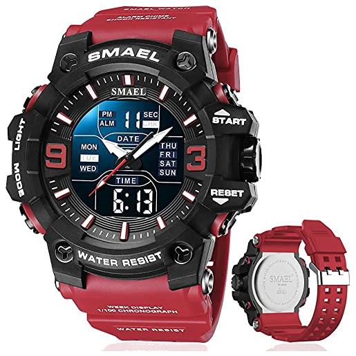 Fomtty orologio militare uomo, orologio analogico uomo sportivo digitale, lmpermeabile/allarme/timer/sportivo orologio da polso da uomo (rosso)