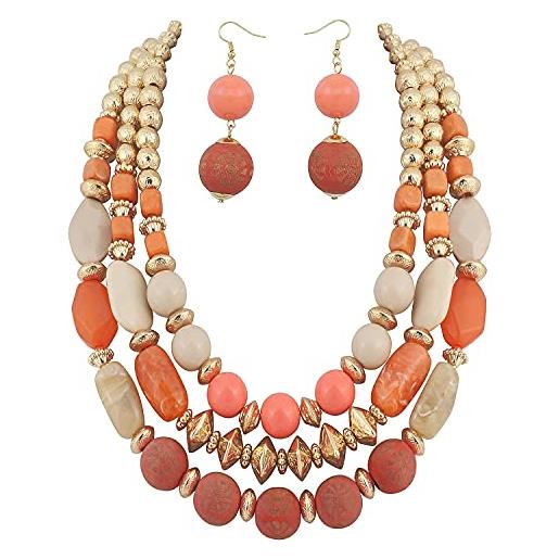 Bocar - set di collana a 3 strati con perline spesse e orecchini alla moda, multistrato, da donna, standard, in legno acrilico, senza pietre preziose