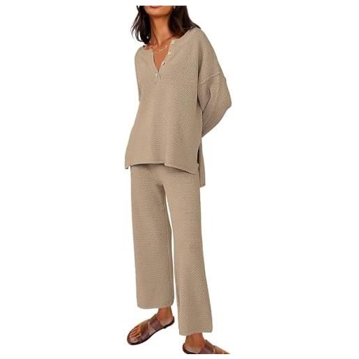 ELizoop donna 2 pezzi knit lounge set bottone con scollo a v pantaloni a gamba larga tute oversize slouchy trendy sweater outfits (s, cachi)