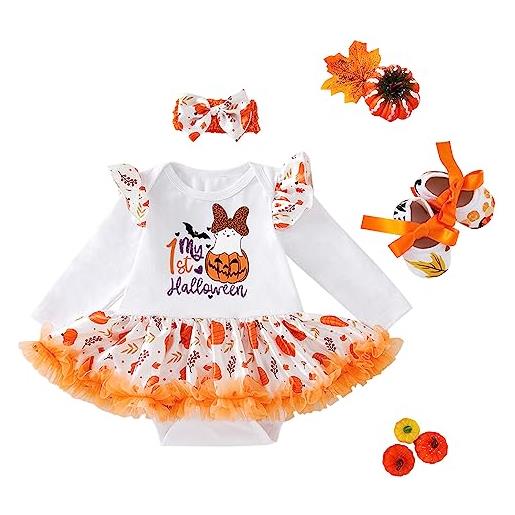 Kunyeah primo vestito di halloween per bambina abito tutù neonato pagliaccetto stampato a maniche lunghe per neonati con scarpe carine e cerchietto con fiocco