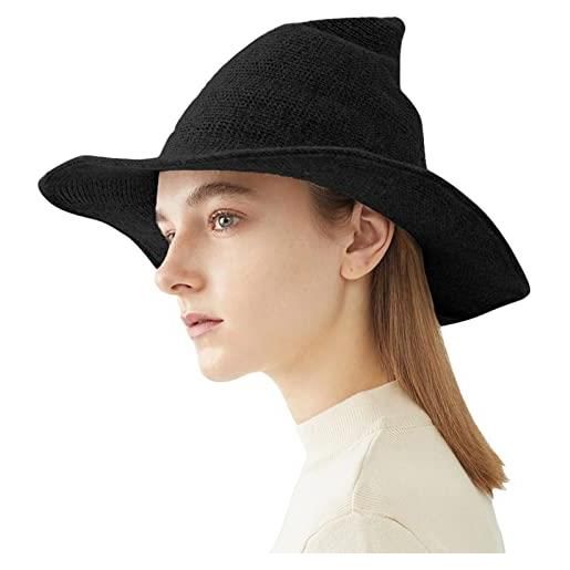 FEOYA cappello da donna a punta in lana caldo berretto invernale cappello magico con tesa larga per adulti, cosplay, halloween, feste in maschera, accessorio per costume, nero , taglia unica