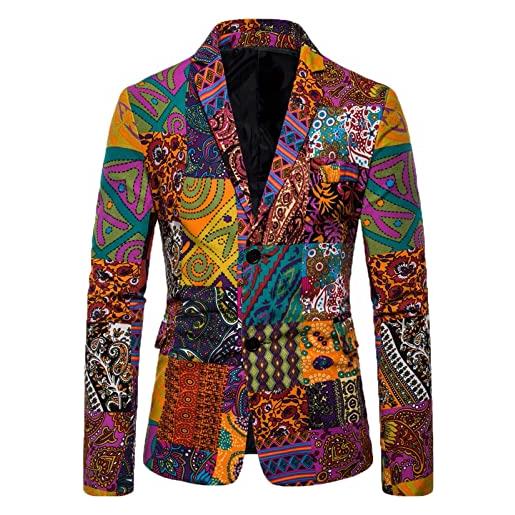 UnoSheng sakko - giacca da uomo con stampa boho - retro blazer per uomo, slim fit, feste, stile etnico, a maniche lunghe, per matrimoni, balli, feste, cene, smoking blazer chic hawaiani, monopetto, giallo. , m