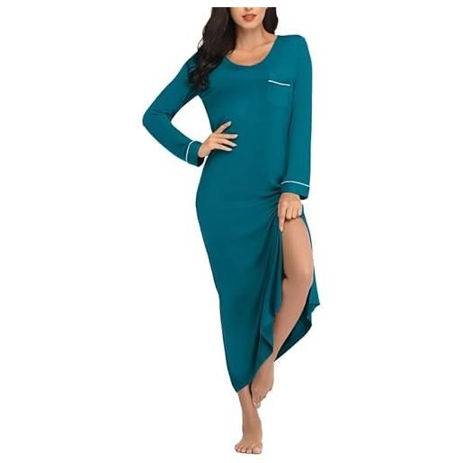 COLORFULLEAF negligee - camicia da notte da donna, con scollo a v, a maniche lunghe, morbida, blu scuro, s