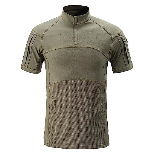 QIYUANT uomo camicia tattica militare manica corta, slim fit mimetica combat resistente all'usura shirt con 1/4 cerniera airsoft caccia (nero, s)
