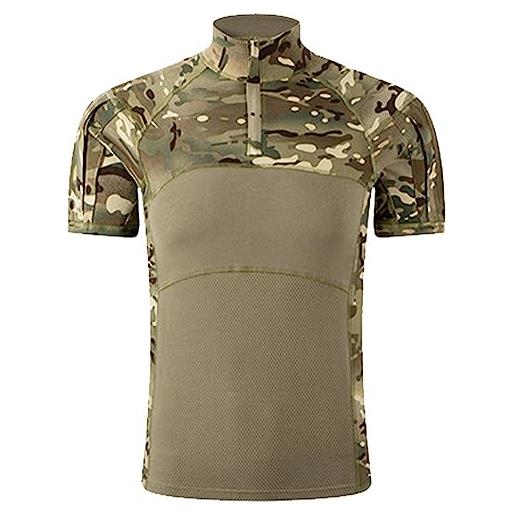 QIYUANT uomo camicia tattica militare manica corta, slim fit mimetica combat resistente all'usura shirt con 1/4 cerniera airsoft caccia (verde militare, s)