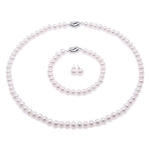 JYX Pearl jyx set collana orecchini e bracciale 7-8mm aa collana di perle d'acqua dolce piatte bianche, bracciale e orecchini a bottone set fps090