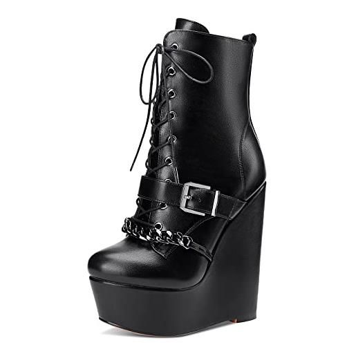NobleOnly donna zeppa platform stivali alla caviglia cerniera lacci cuneo plateau 15cm wedge boots nero opaco scarpe eu36