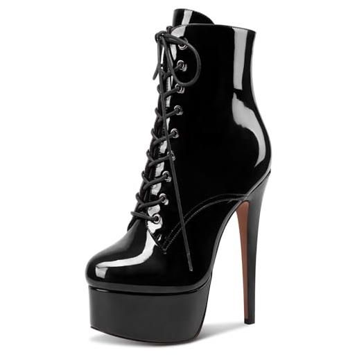NobleOnly donna spillo alto high piattaforma tacco heel rotonda punta lacci cerniera dress classico stivaletti nero verniciata 37 eu