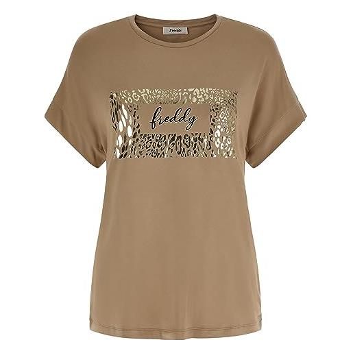 FREDDY - t-shirt in jersey viscosa con grafica lucida in tono colore, donna, beige, medium