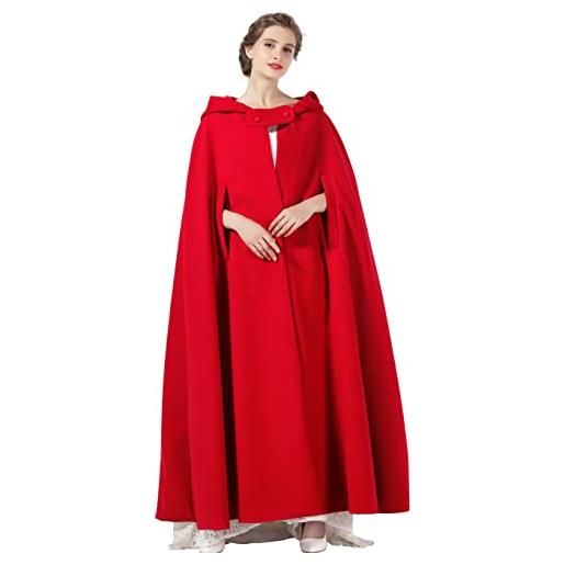 BEAUTELICATE donna mantello con cappuccio inverno misto lana cappotto medievale robe lungo poncho giacca con giromanica per cosplay halloween costume natale matrimonio (rosso-lunghezza intera 127cm)